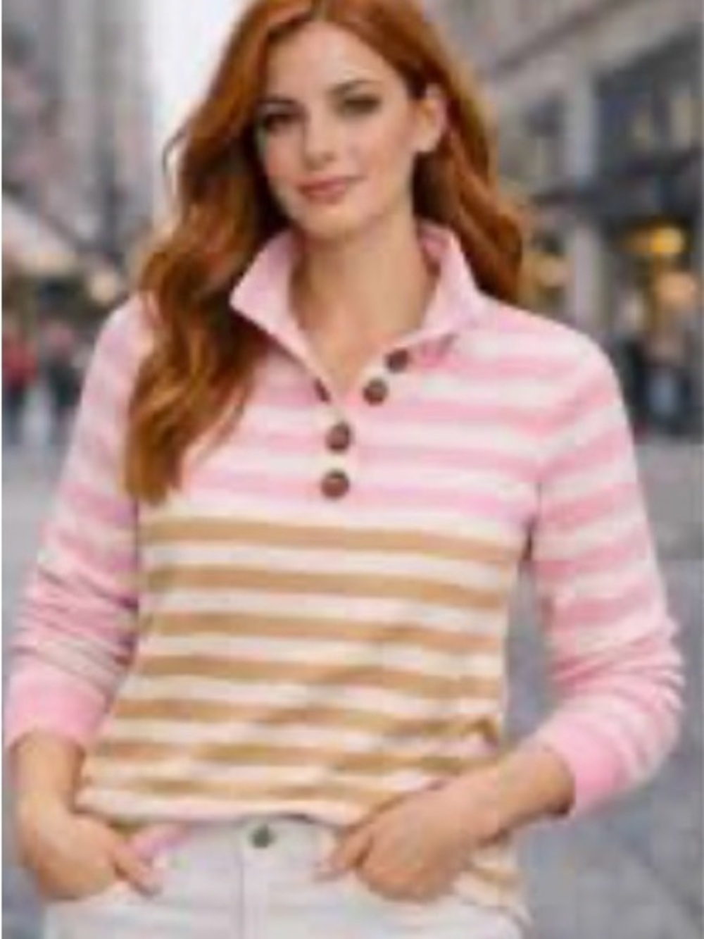 🩷 J. Crew Factory Pink and Tan Striped Button-Neck Top Large 🩷